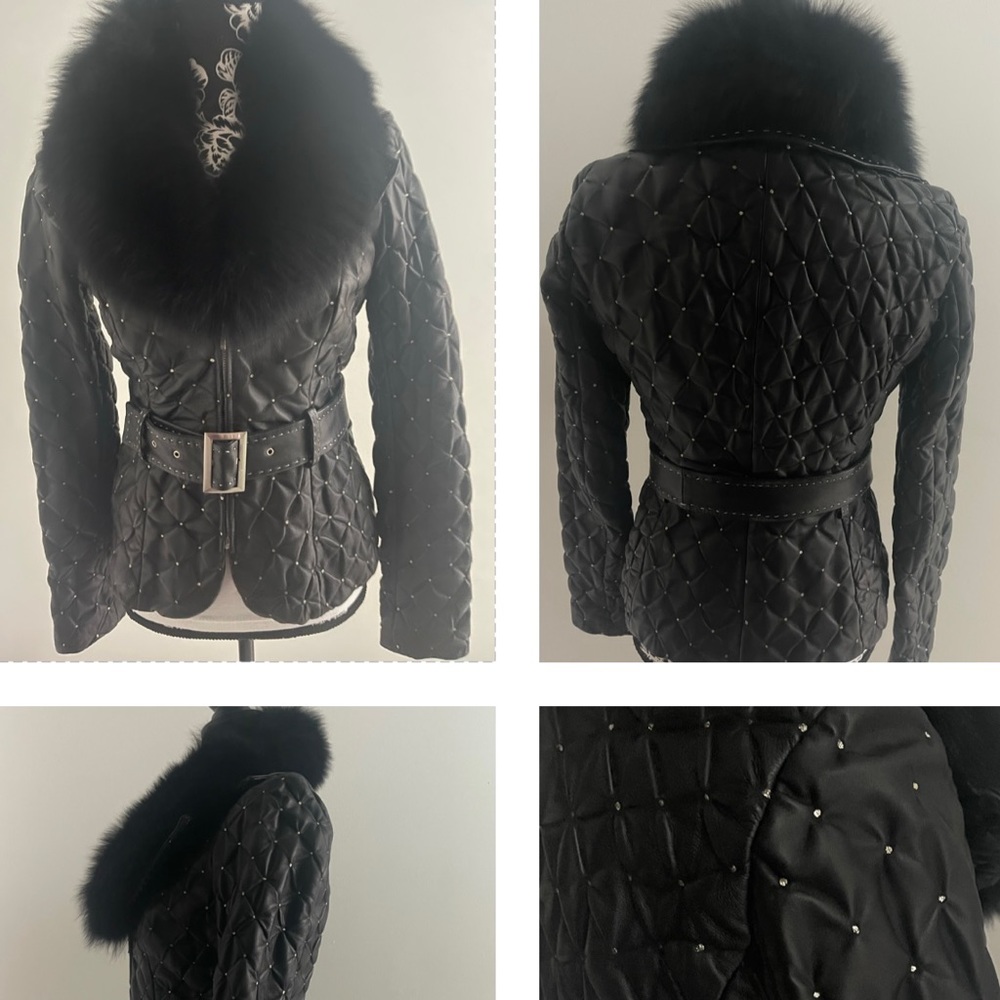 CACHE QUILTED SOFT LEATHER FOX FUR DETACHABLE COLLAR, SILVER DETAILING ON JACKET